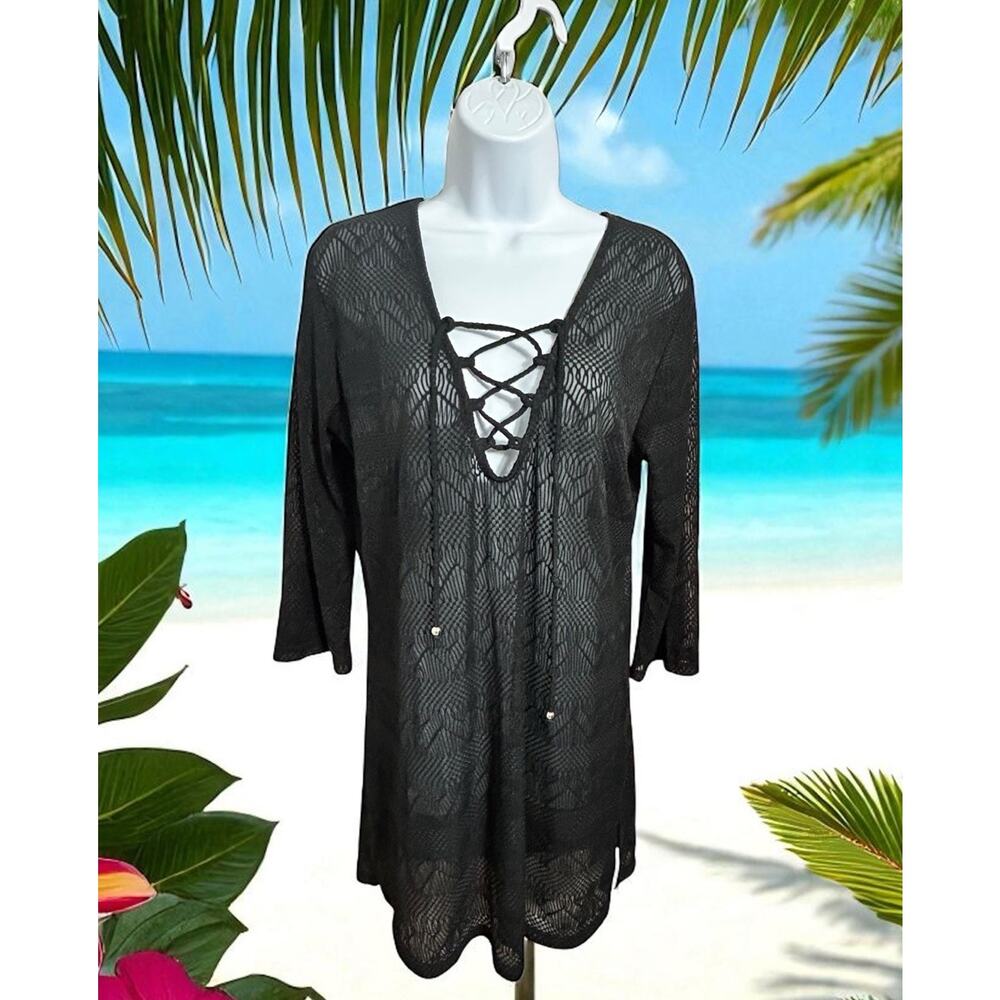 APT. 9 Black Sheer Swimsuit Cover-Up Dress Sz Small Laced Up V-Neck 3/4 Sleeves